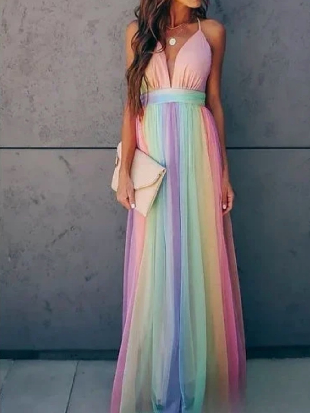 Pastel Multi-Stripe Maxi Dress with Plunging V-Neck